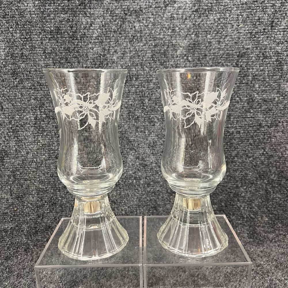 2 Homco Iced Filigree Poinsettias Etched Glass Votive Candle Holder & Base